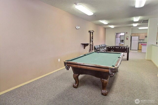 rec room with visible vents, pool table, baseboards, light carpet, and a textured ceiling