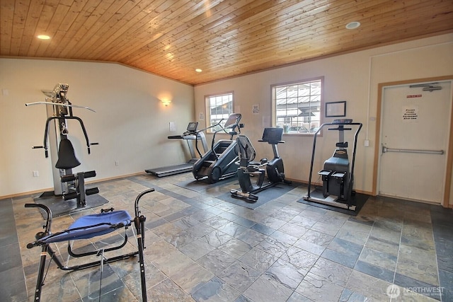 exercise room with baseboards, lofted ceiling, recessed lighting, wooden ceiling, and stone tile flooring