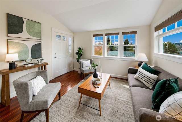 living area featuring lofted ceiling, wood finished floors, and baseboards