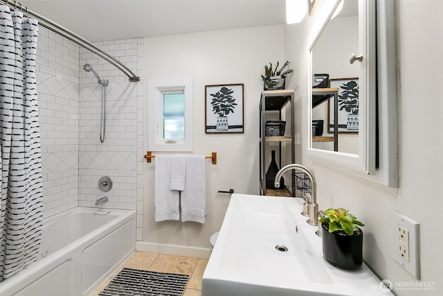 full bathroom featuring shower / bathtub combination with curtain, baseboards, and tile patterned flooring