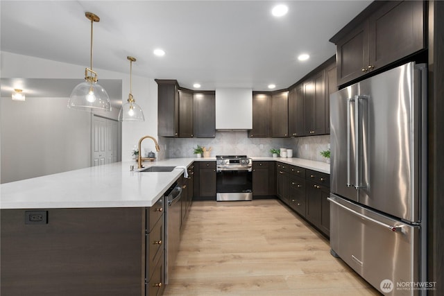 kitchen with tasteful backsplash, dark brown cabinets, light wood-style floors, stainless steel appliances, and a sink