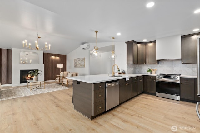 kitchen with light wood finished floors, dark brown cabinets, open floor plan, appliances with stainless steel finishes, and a sink