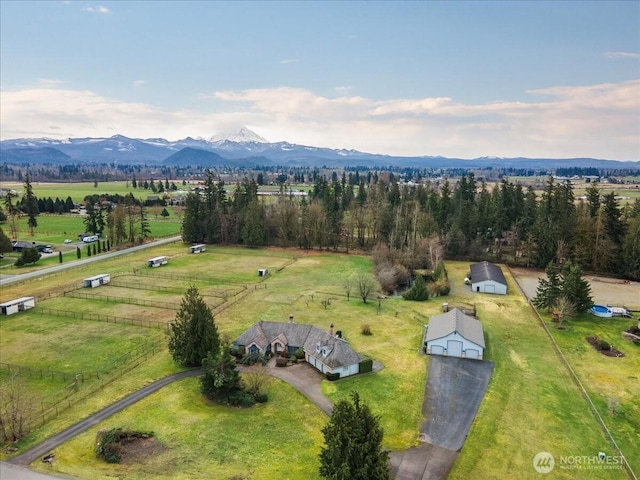 birds eye view of property with a rural view and a mountain view