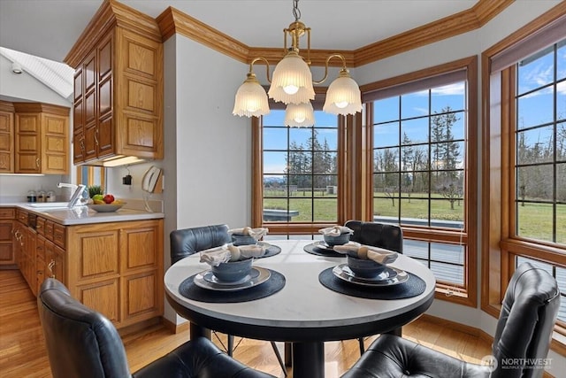 dining space with ornamental molding, light wood-type flooring, a wealth of natural light, and a chandelier