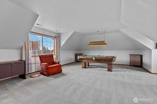 playroom with carpet flooring, billiards, and baseboards