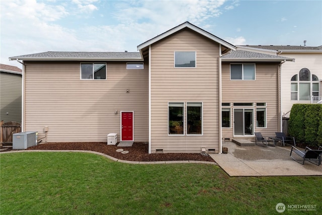 back of house with a yard, crawl space, central AC unit, and a patio