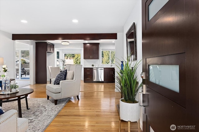 living room featuring recessed lighting and light wood finished floors