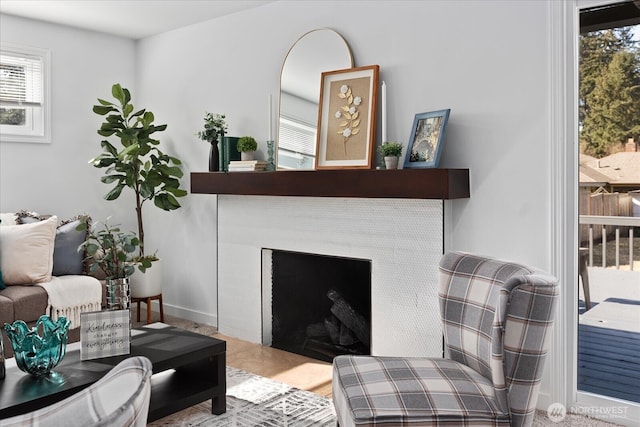 living area featuring a wealth of natural light, baseboards, and a fireplace