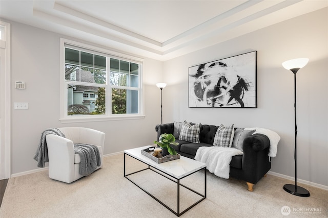 living room featuring baseboards, carpet, and a tray ceiling