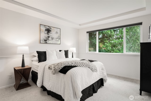 carpeted bedroom featuring baseboards and a raised ceiling