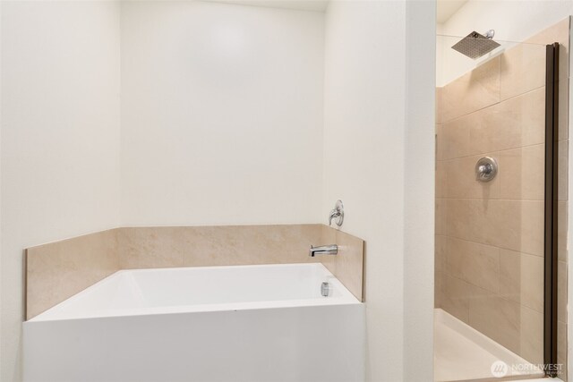 full bathroom featuring a shower stall and a bath