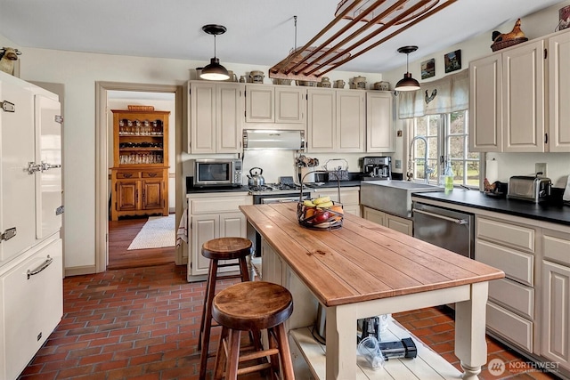 kitchen with wooden counters, under cabinet range hood, appliances with stainless steel finishes, brick floor, and a sink