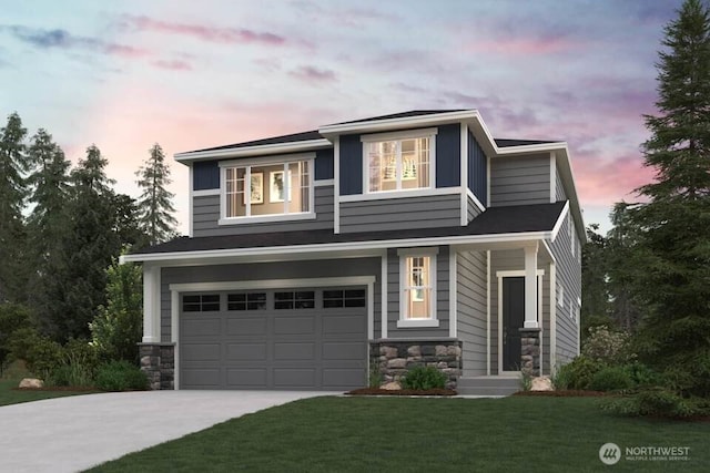 view of front facade with driveway, stone siding, a front yard, and an attached garage