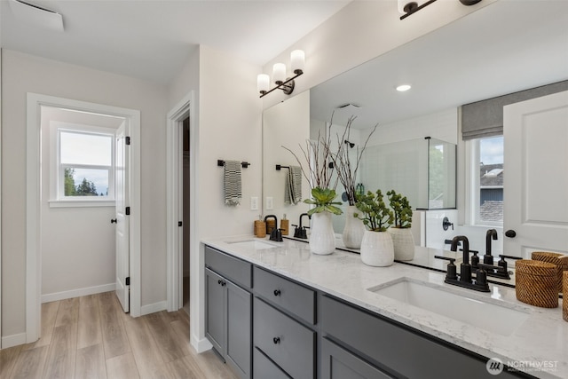 bathroom with double vanity, wood finished floors, baseboards, and a sink