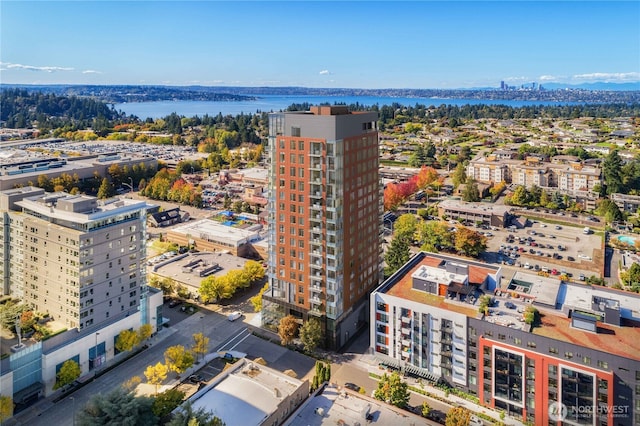 drone / aerial view with a city view and a water view