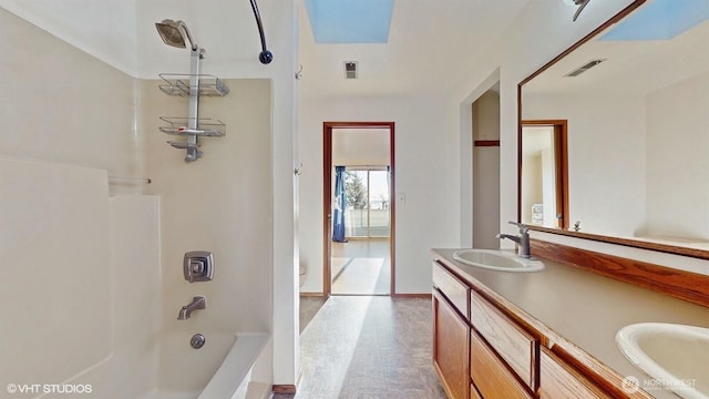 full bath with double vanity, visible vents, and a sink