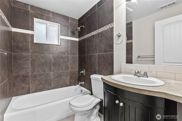 full bath with vanity, visible vents,  shower combination, decorative backsplash, and toilet