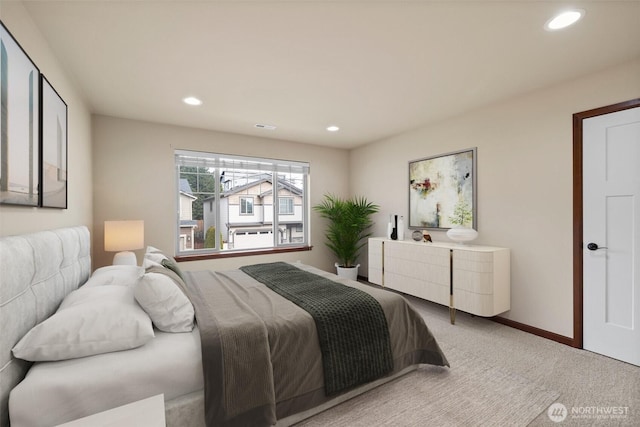 carpeted bedroom with recessed lighting and baseboards