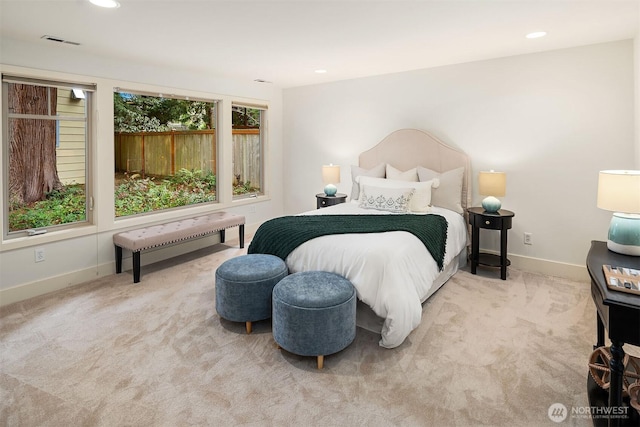 bedroom with recessed lighting, visible vents, carpet floors, and baseboards