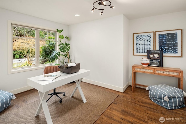 office featuring recessed lighting, baseboards, and wood finished floors