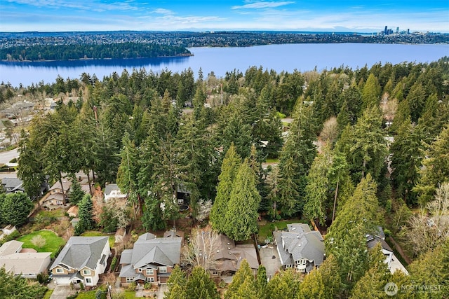 drone / aerial view featuring a forest view, a water view, and a residential view