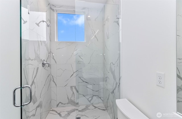 full bathroom with toilet and a marble finish shower