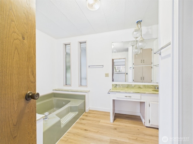 full bathroom featuring baseboards, wood finished floors, vanity, and a bath