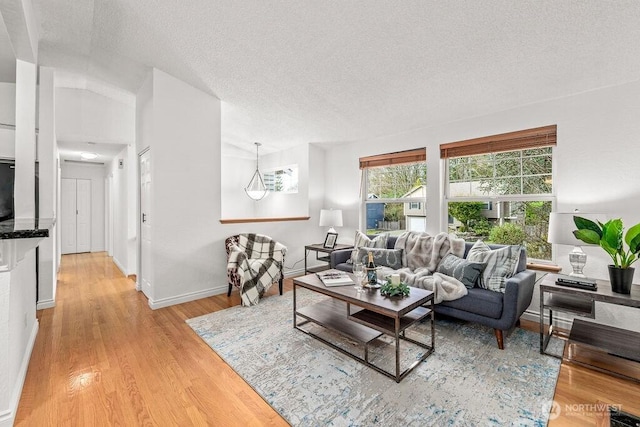 living area featuring baseboards, a textured ceiling, and light wood finished floors