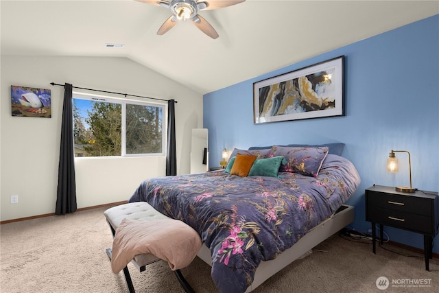 bedroom with visible vents, baseboards, carpet flooring, lofted ceiling, and ceiling fan