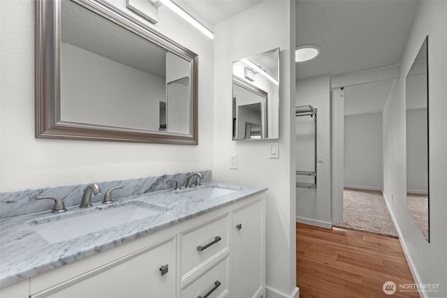 bathroom with a sink, baseboards, wood finished floors, and double vanity