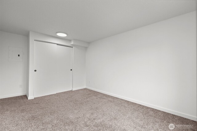 interior space featuring electric panel, baseboards, a closet, and carpet floors