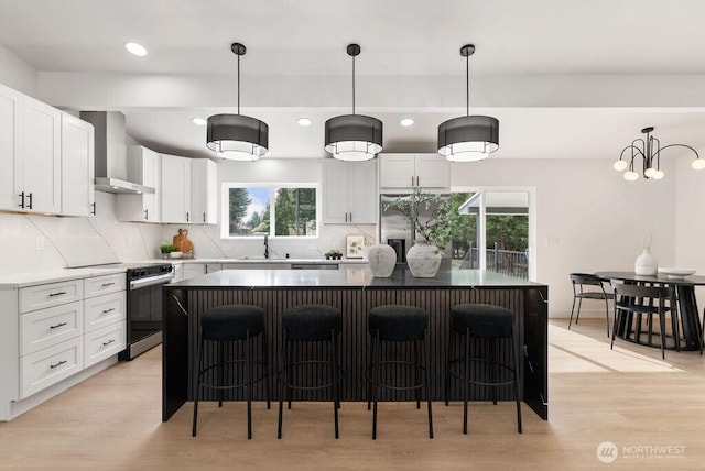 kitchen with tasteful backsplash, appliances with stainless steel finishes, a kitchen bar, and wall chimney range hood