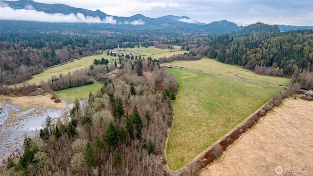 aerial view featuring a forest view, a rural view, and a mountain view