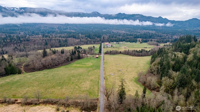 bird's eye view featuring a forest view, a rural view, and a mountain view