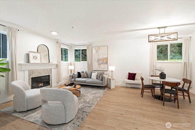 living area featuring a glass covered fireplace, wood finished floors, and a wealth of natural light