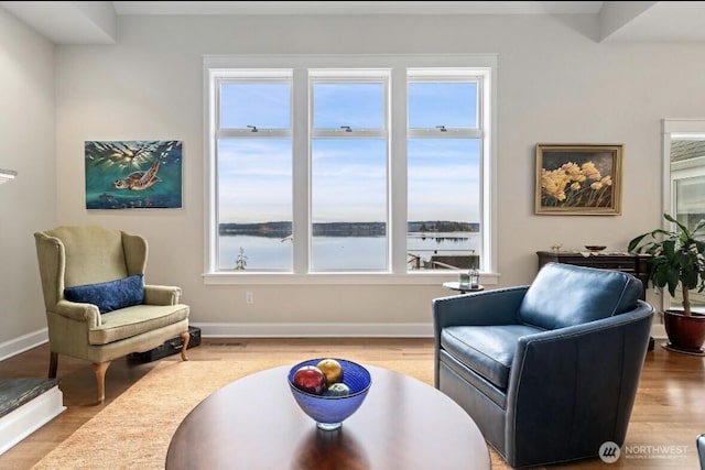 living area featuring a water view, baseboards, and wood finished floors