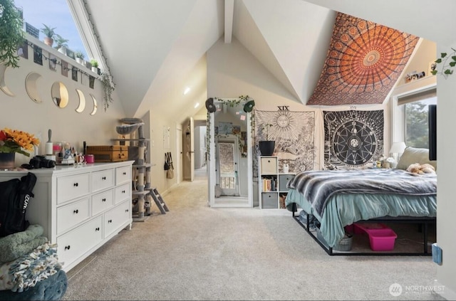 bedroom with carpet flooring, beamed ceiling, and high vaulted ceiling