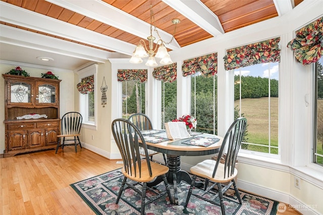 dining space featuring a chandelier, plenty of natural light, light wood-type flooring, and beam ceiling