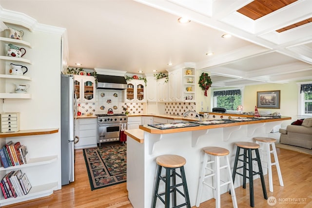 kitchen with ventilation hood, open shelves, a peninsula, stainless steel appliances, and a wealth of natural light