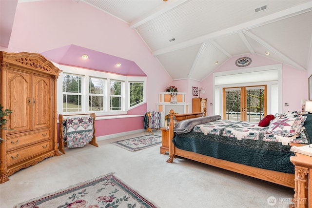 carpeted bedroom featuring access to outside, vaulted ceiling with beams, french doors, and visible vents