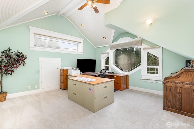 home office with lofted ceiling with beams, baseboards, light carpet, and ceiling fan