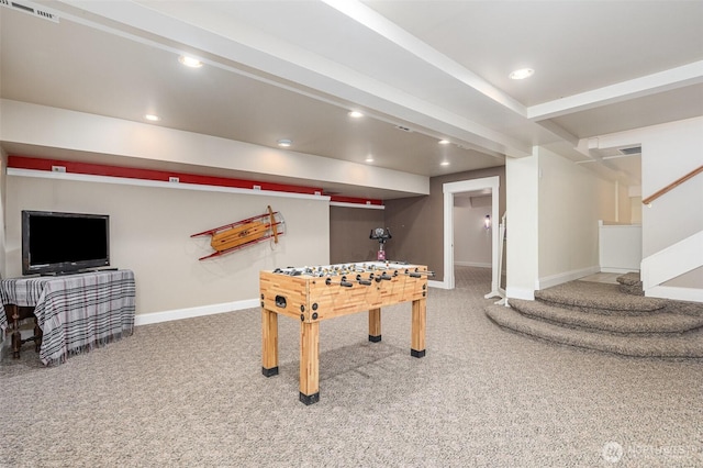 playroom featuring recessed lighting, visible vents, carpet floors, and baseboards