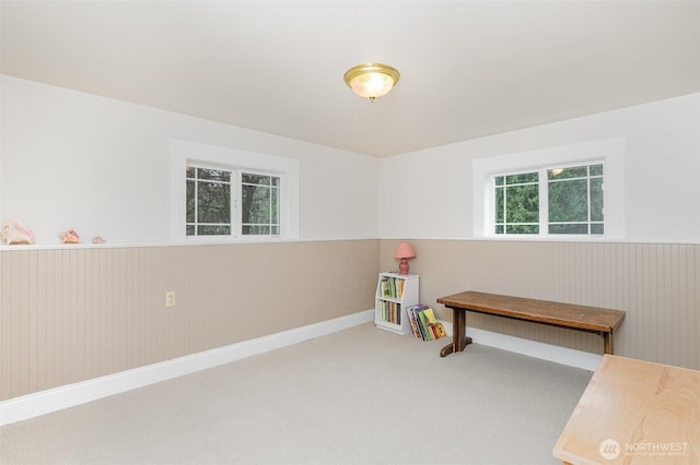 recreation room with carpet and wainscoting