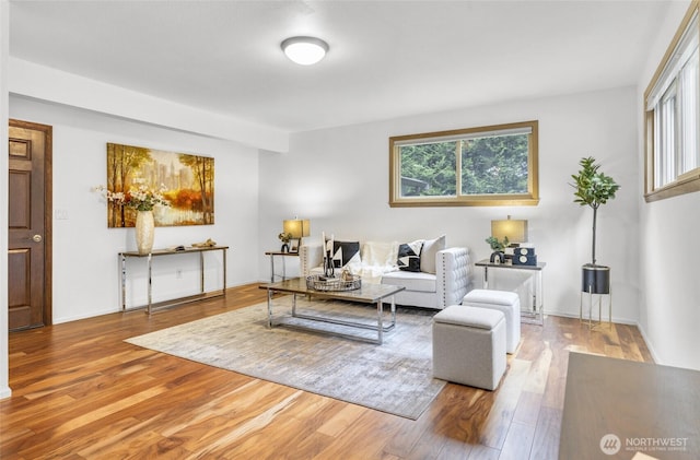 living area with baseboards and wood finished floors