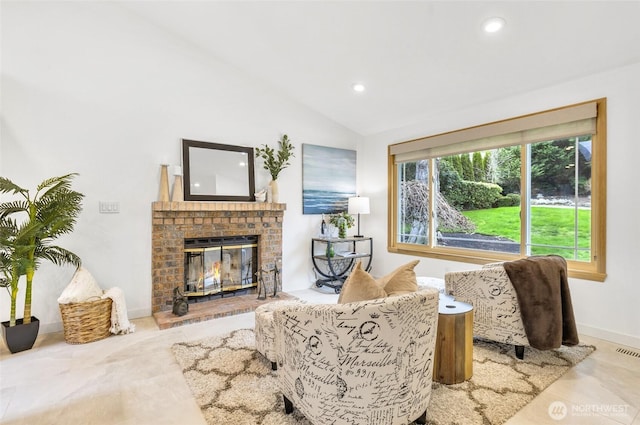 living room with recessed lighting, tile patterned flooring, baseboards, a brick fireplace, and vaulted ceiling