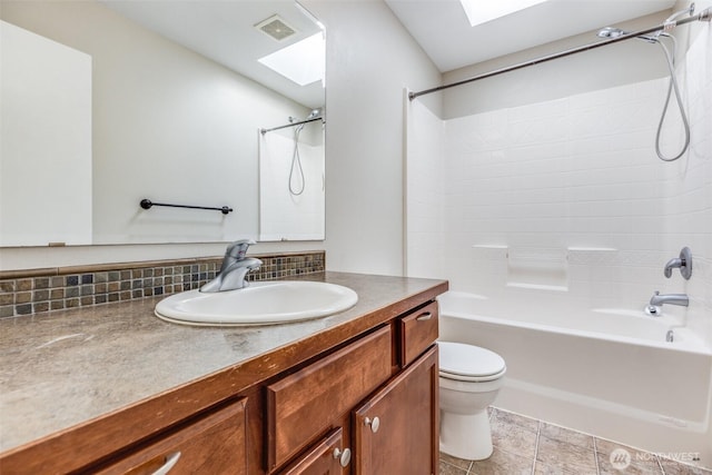 bathroom with visible vents, toilet, a skylight, bathing tub / shower combination, and vanity