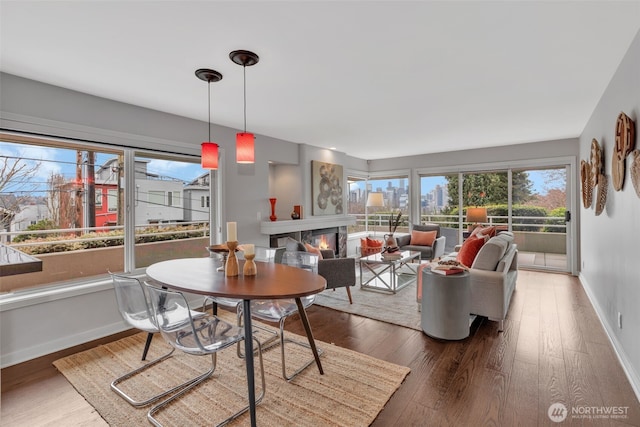 dining area with a glass covered fireplace, a view of city, baseboards, and wood finished floors