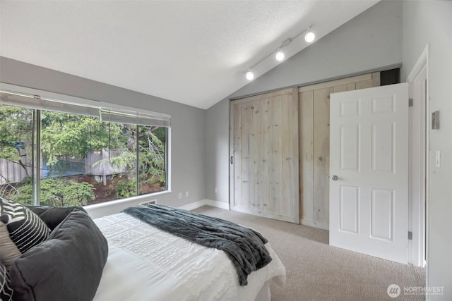 bedroom featuring lofted ceiling, a textured ceiling, rail lighting, baseboards, and light colored carpet