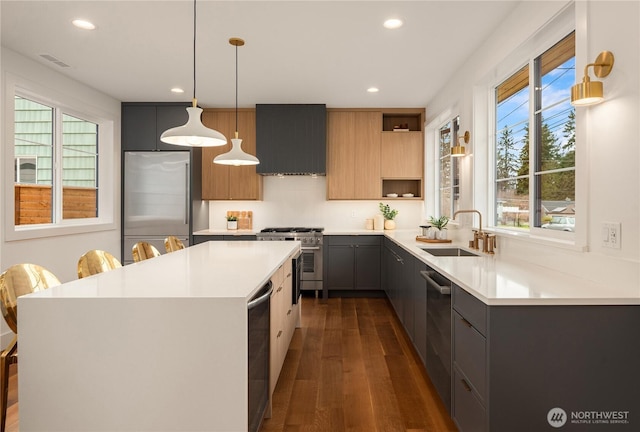 kitchen with high end appliances, visible vents, custom exhaust hood, open shelves, and a sink