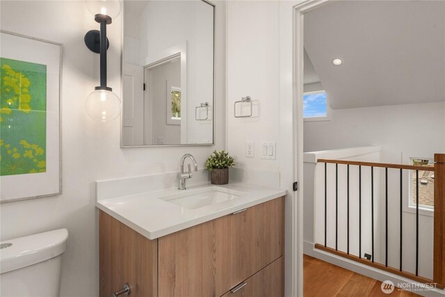 half bath featuring toilet, wood finished floors, and vanity